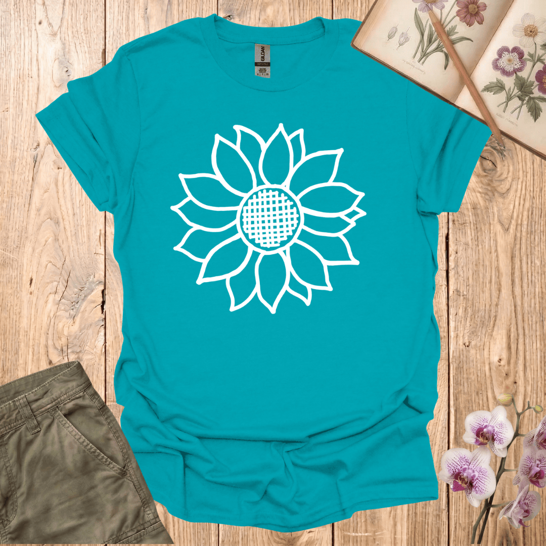 Criss Cross Sunflower – White  – T-shirt