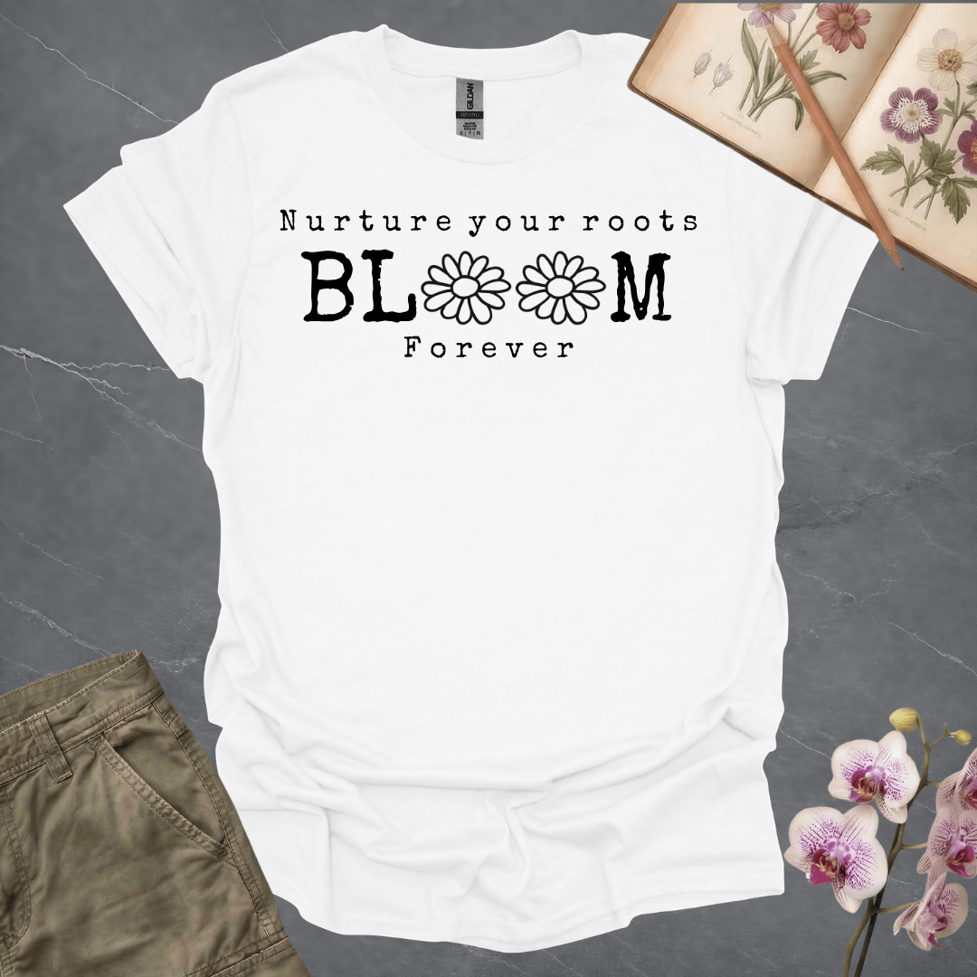 Nurture Your Roots, Bloom Forever ~ Sketch Daisies – Black – T-shirt